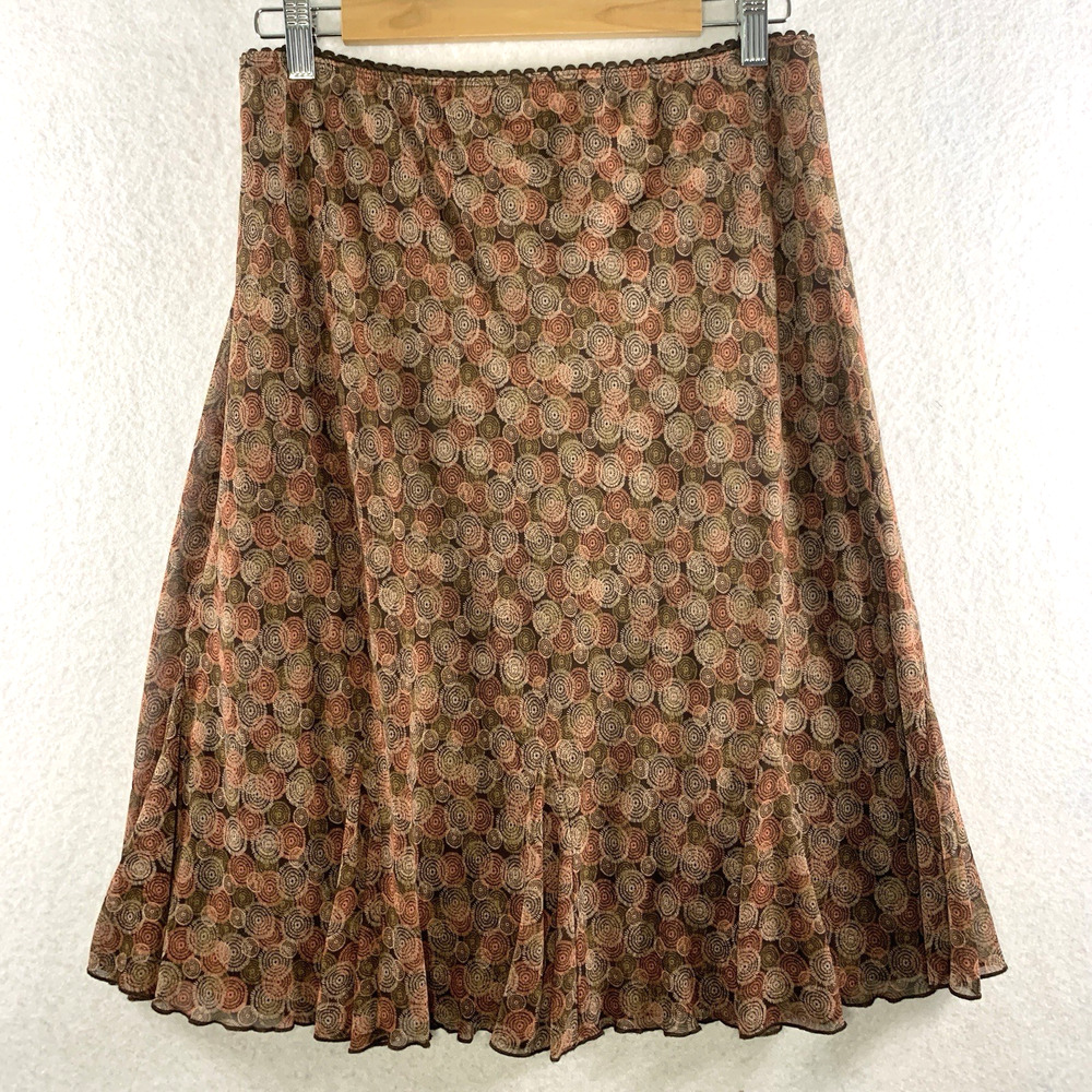 Womens Geometric Flounce Midi‎ Skirt Sz LP Brown Y2K Boho Office Chiffon Fairy - Picture 4 of 10